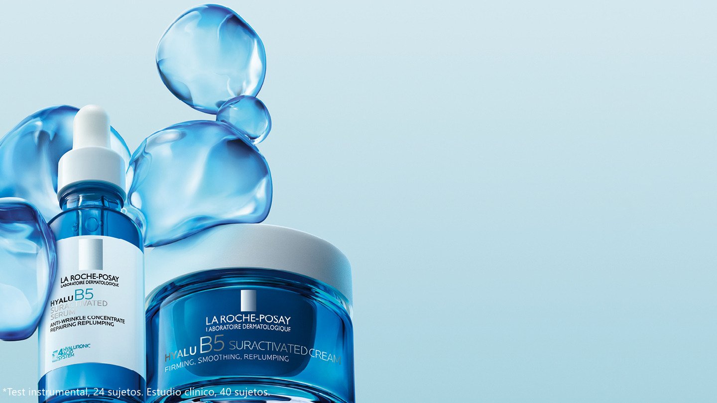 Campaña Hyalu B5 Suractivated de La Roche-Posay sobre fondo azul